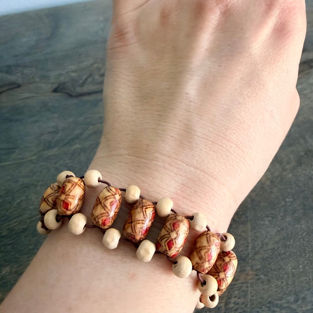 Boho Woven Painted Wood Beaded Stretch Bracelet